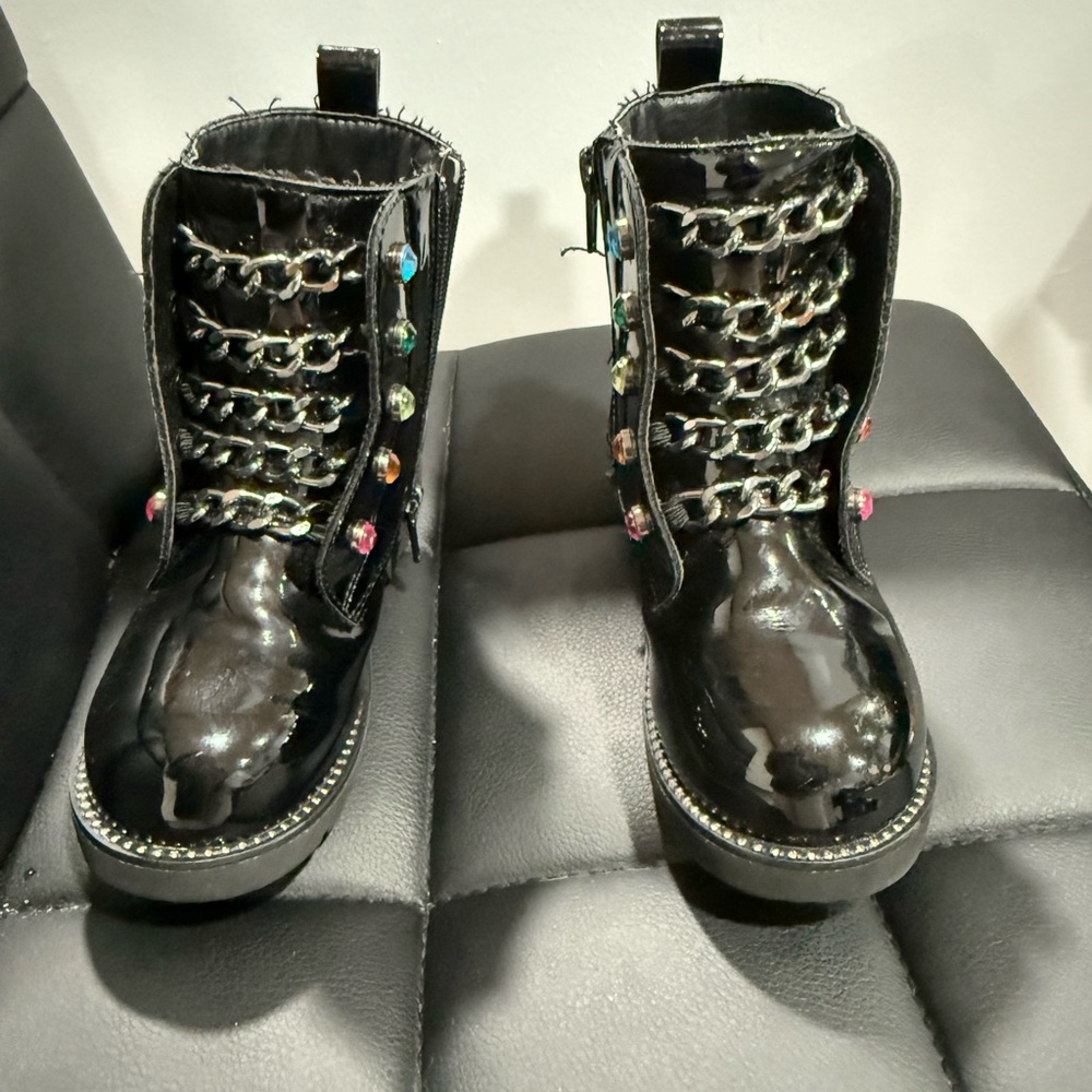 Kurt Geiger Black Patent Kids Combat Boots with Multicolor Gems